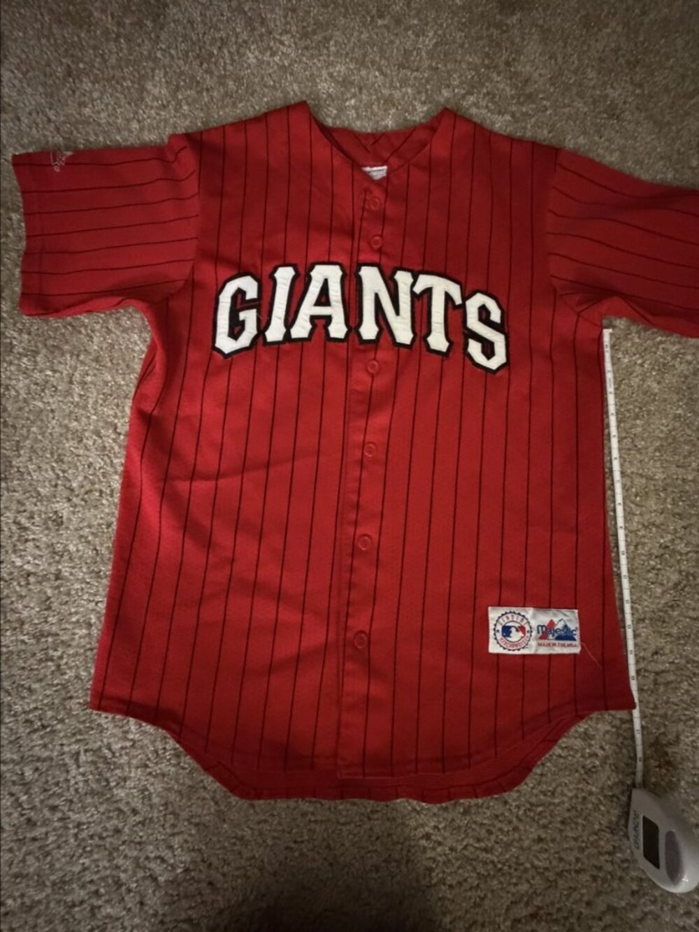 Vintage Majestic SF Giants Jersey Mens M Red Black Pinstripe Button Front